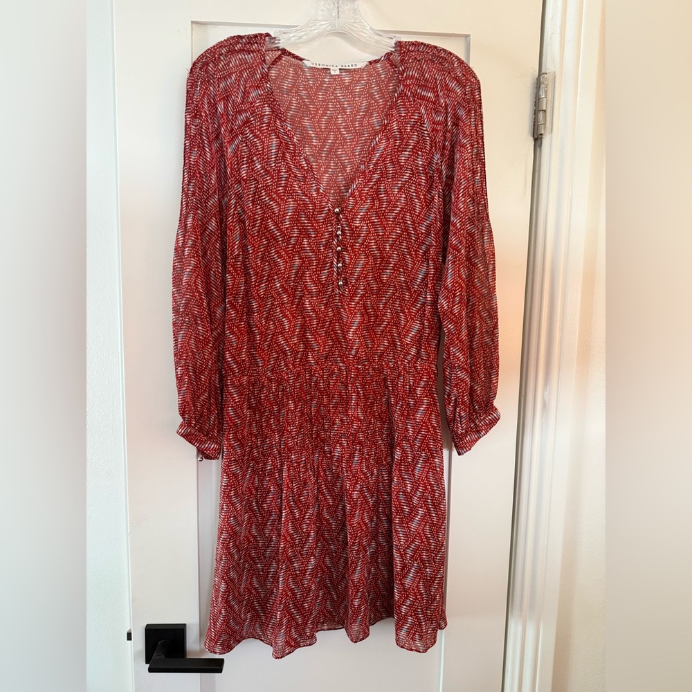 Veronica Beard Red Printed V-Neck Long Sleeve Dress
